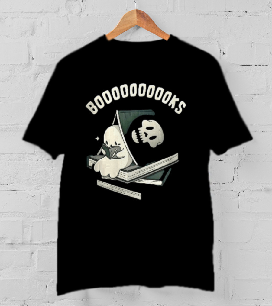 Boooooooooks Cartoon Ghost Reading Novel With Skeleton Specter T-Shirt