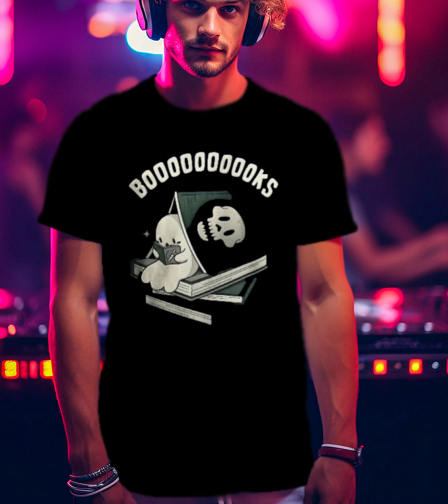 Boooooooooks Cartoon Ghost Reading Novel With Skeleton Specter T-Shirt