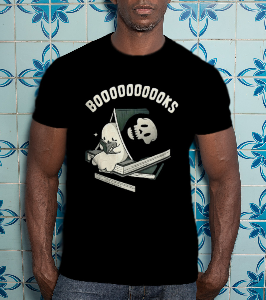 Boooooooooks Cartoon Ghost Reading Novel With Skeleton Specter T-Shirt