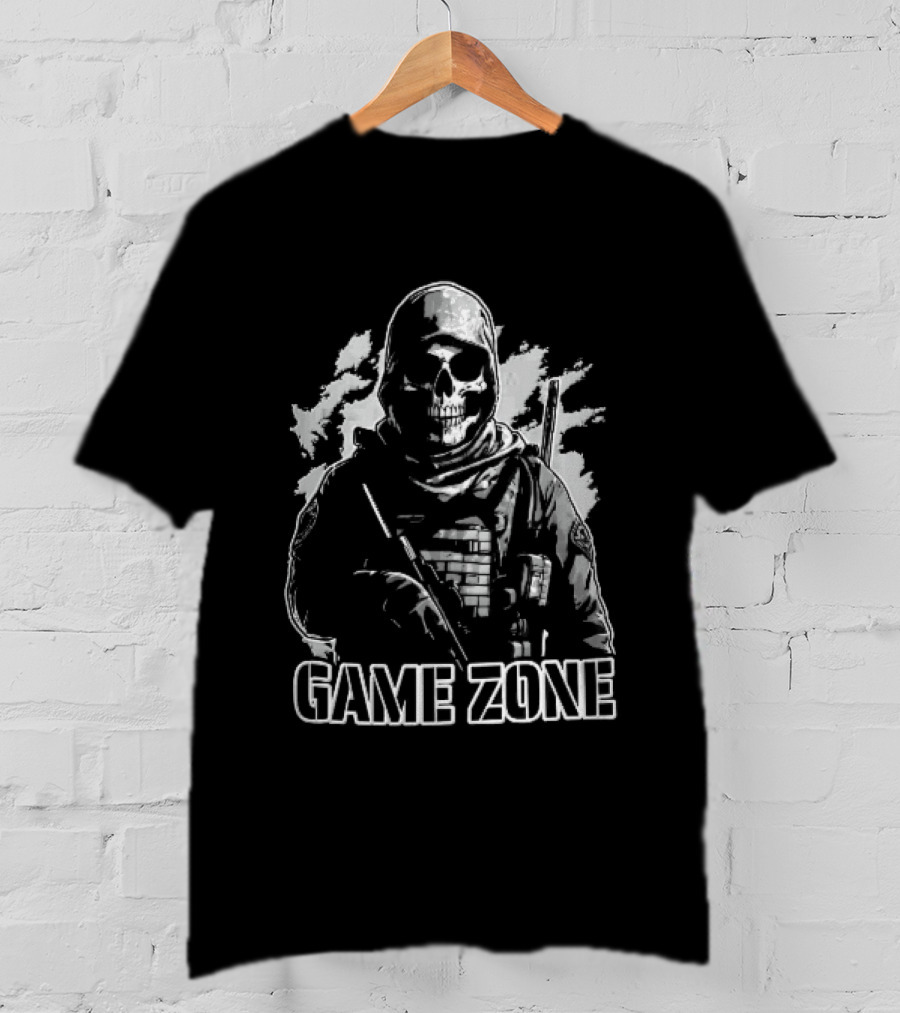 Game Zone Monochrome Skull Soldier Tactical Rifle Hooded T-Shirt