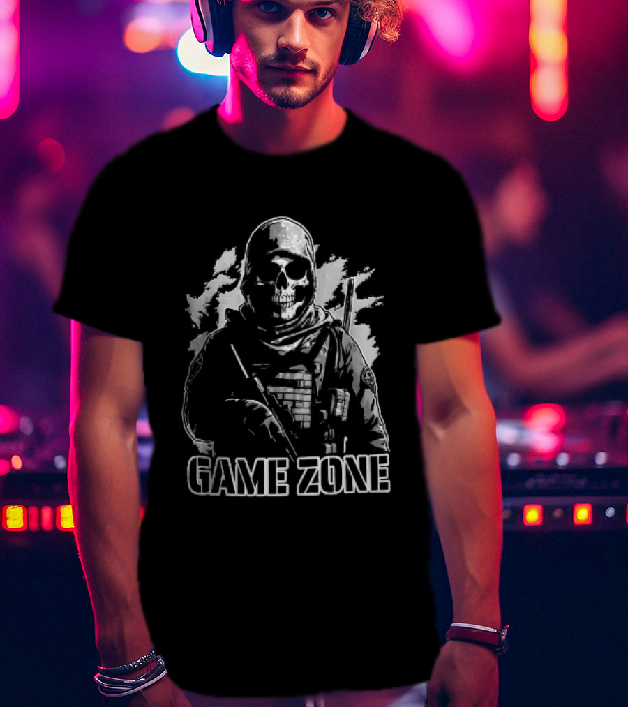Game Zone Monochrome Skull Soldier Tactical Rifle Hooded T-Shirt