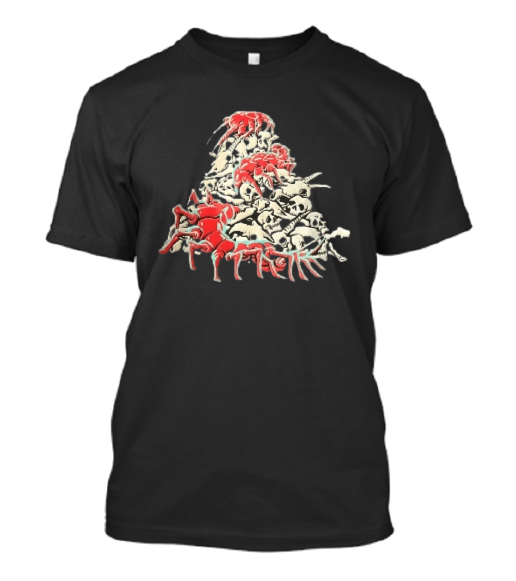 Giant Red Centipede Cyan Crawling Pile Of Skulls T-Shirt