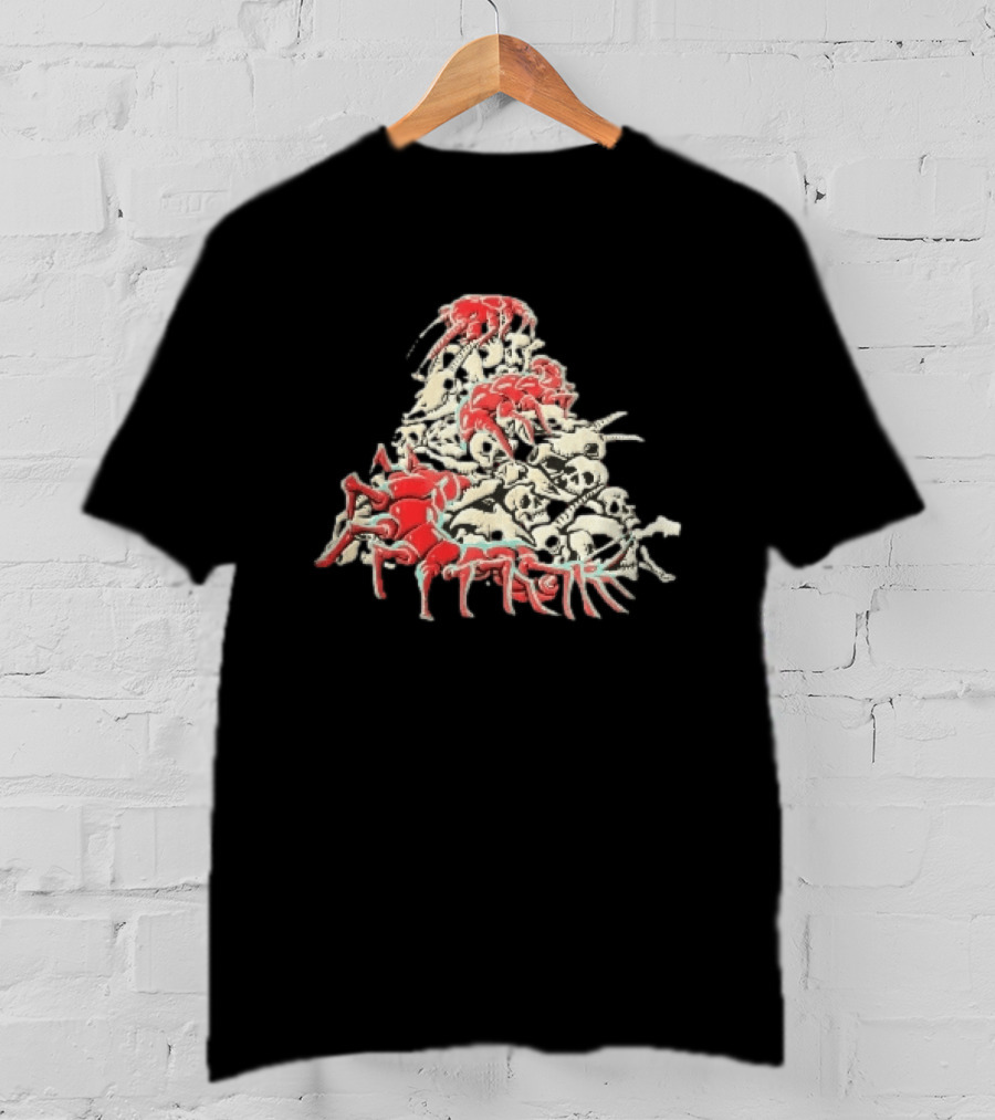 Giant Red Centipede Cyan Crawling Pile Of Skulls T-Shirt