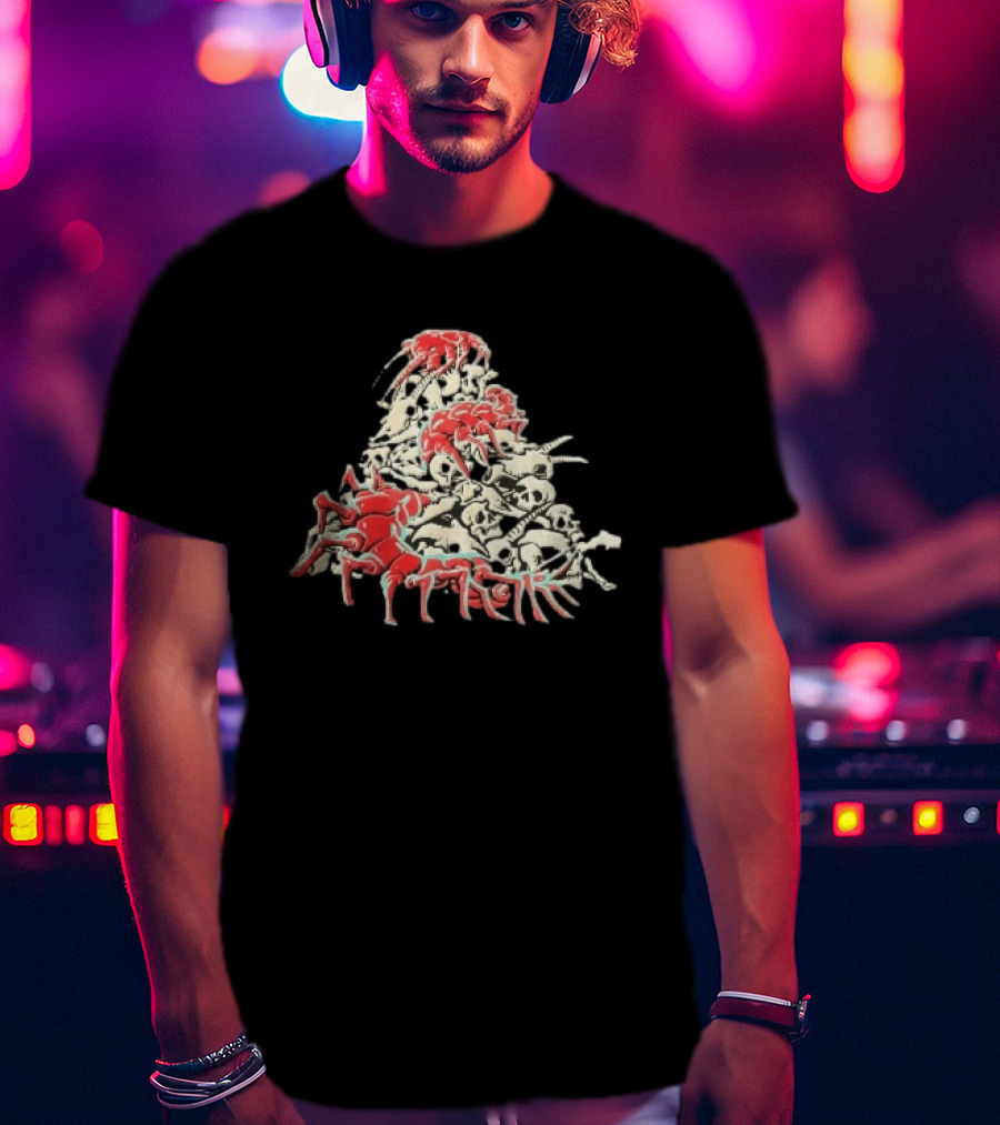 Giant Red Centipede Cyan Crawling Pile Of Skulls T-Shirt
