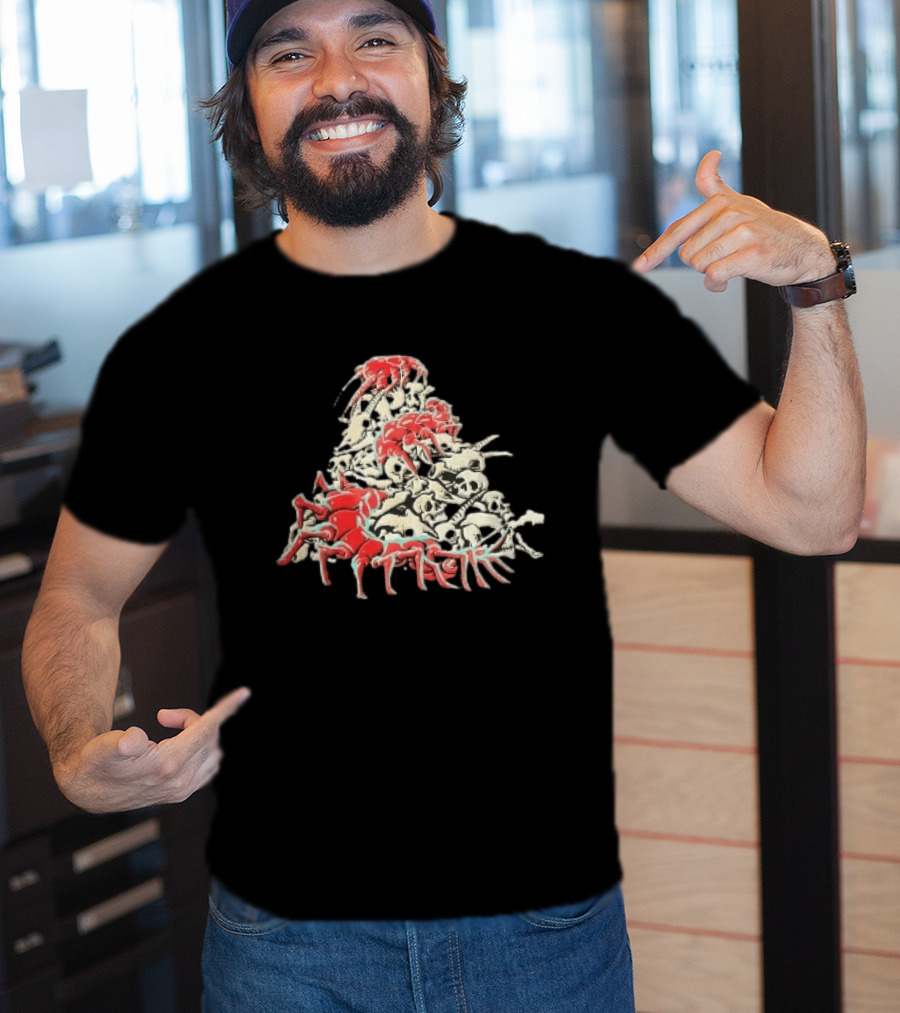Giant Red Centipede Cyan Crawling Pile Of Skulls T-Shirt