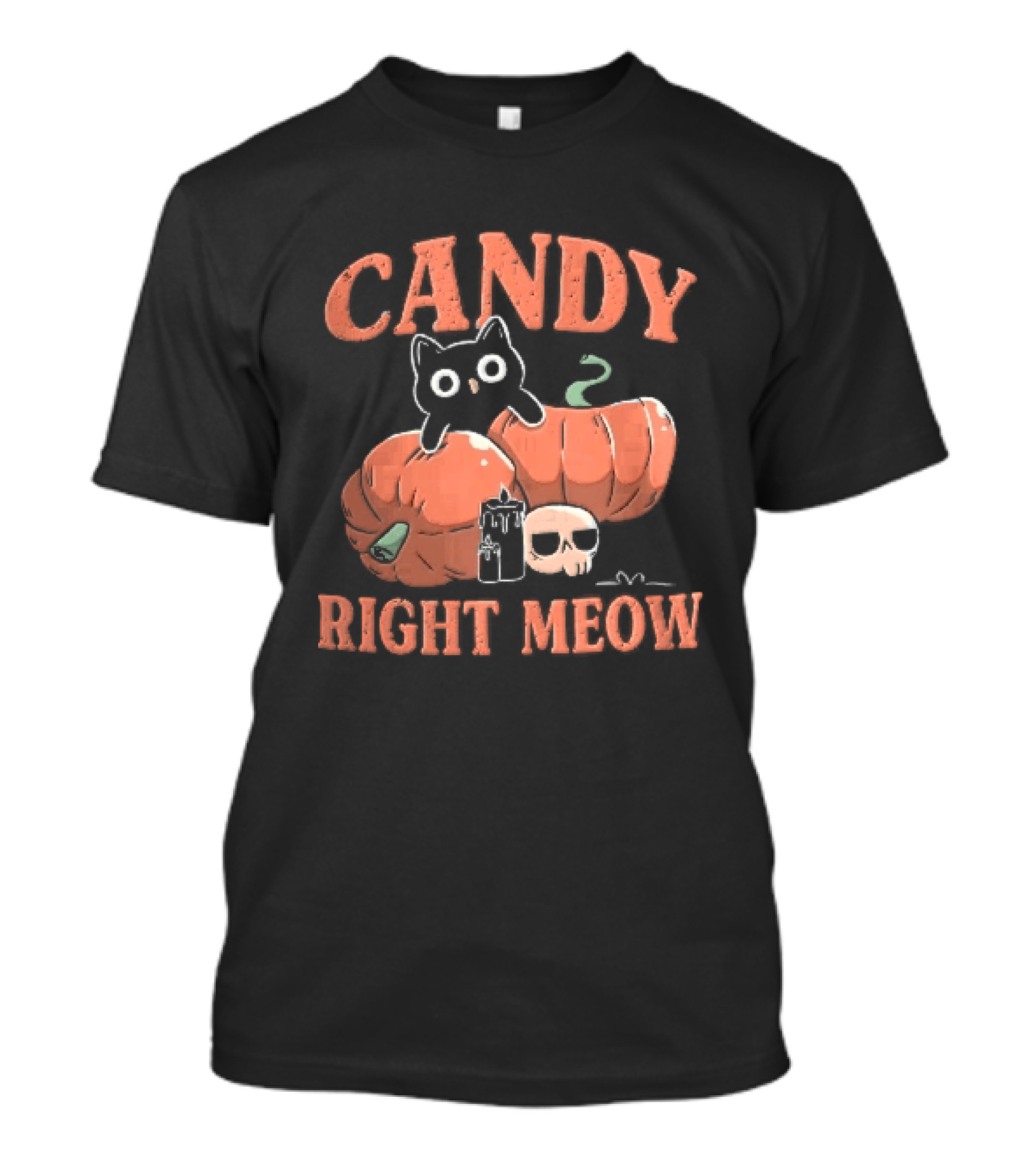 Candy Right Meow Black Cat Pumpkins Candles Skull Halloween T-Shirt