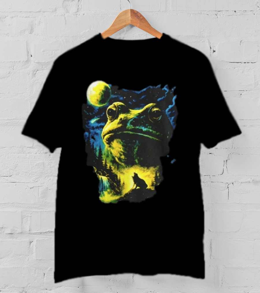 Giant Toad Glowing Moon Howling Waterfall Forest Mystic Scene T-Shirt