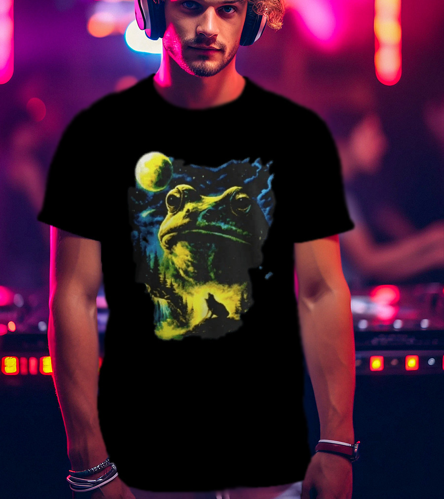 Giant Toad Glowing Moon Howling Waterfall Forest Mystic Scene T-Shirt