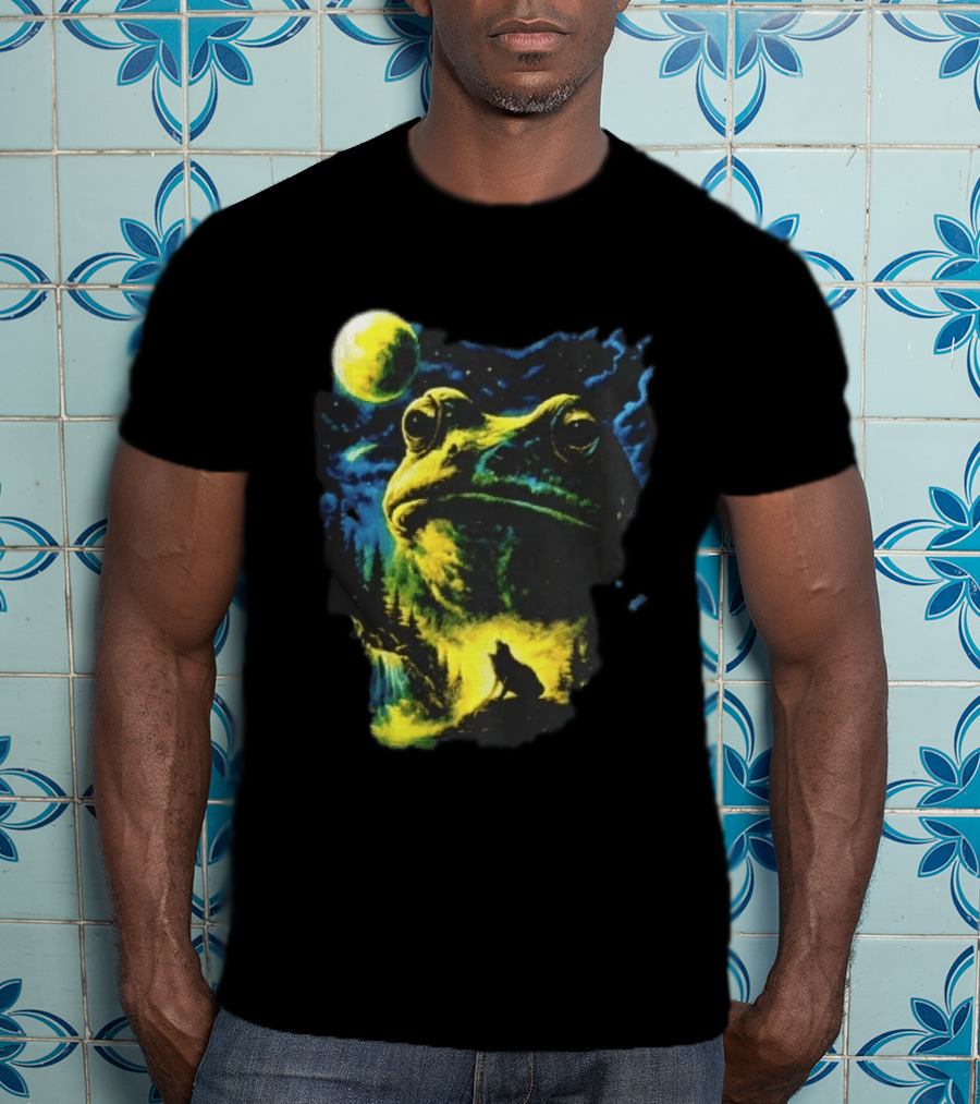 Giant Toad Glowing Moon Howling Waterfall Forest Mystic Scene T-Shirt
