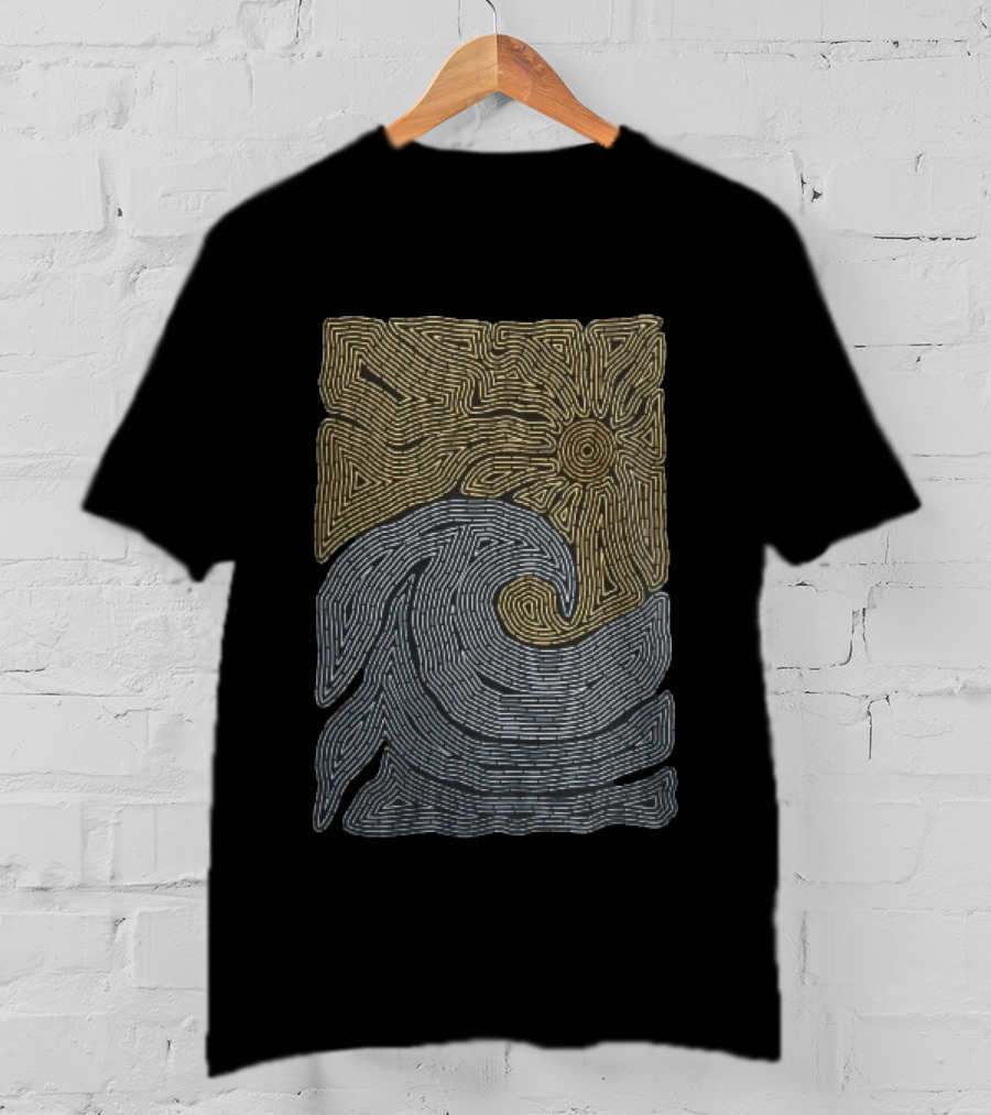 Golden Sun Over Crashing Blue Ocean Wave Line Maze T-Shirt