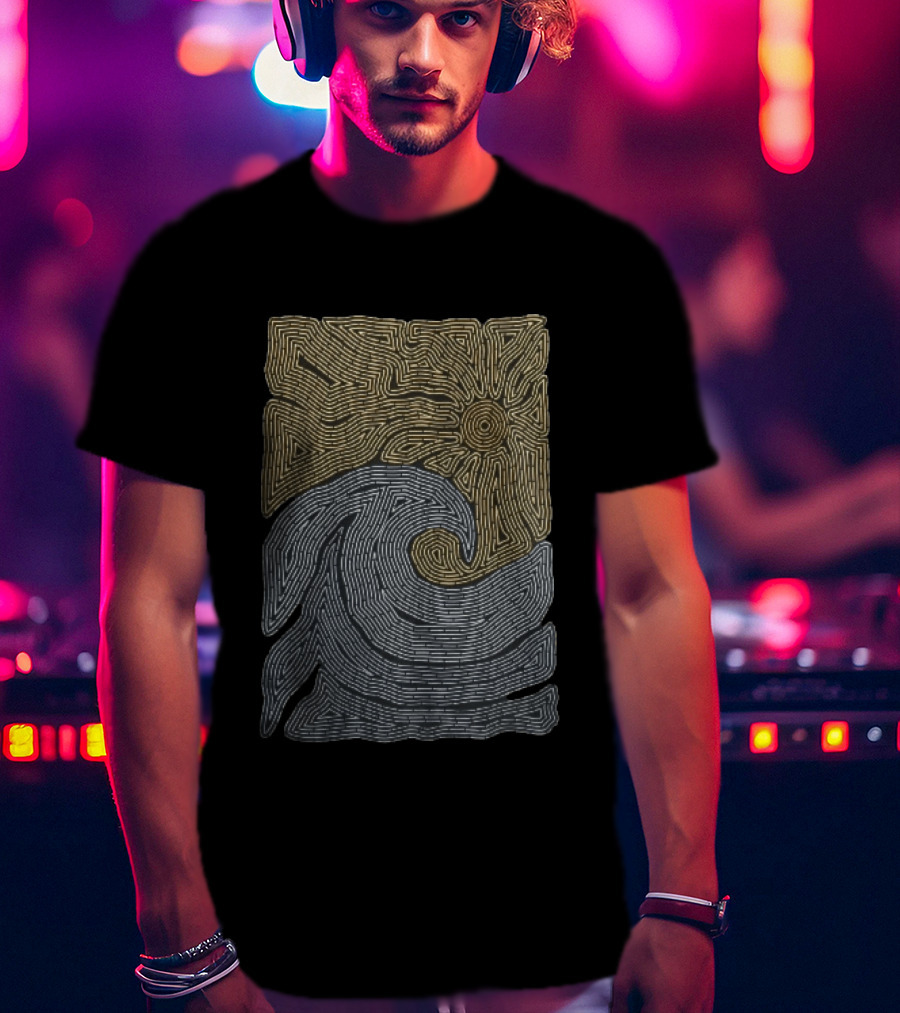 Golden Sun Over Crashing Blue Ocean Wave Line Maze T-Shirt