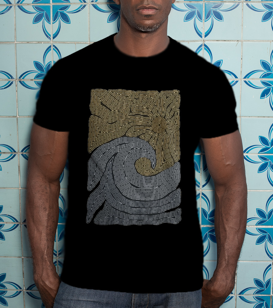 Golden Sun Over Crashing Blue Ocean Wave Line Maze T-Shirt