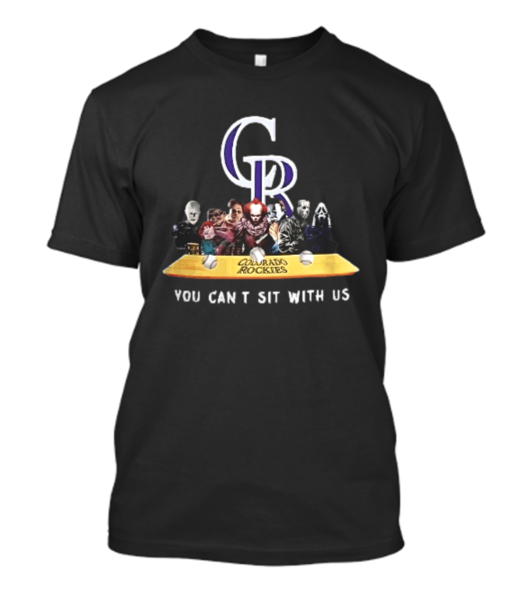Colorado Rockies MLB Horror Movie Villains You Can't Sit With Us Baseball Bat T-Shirt