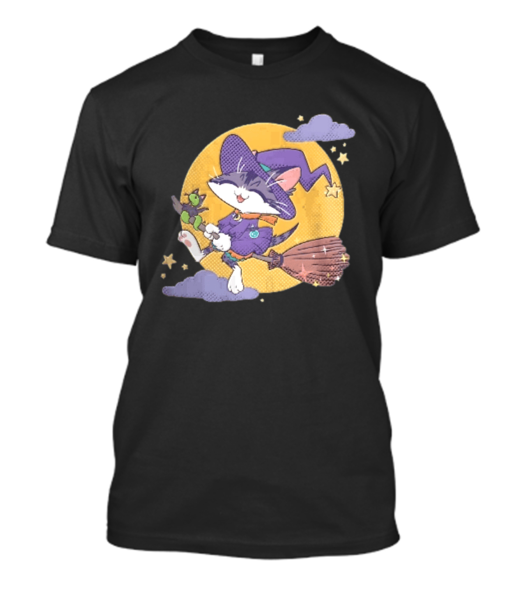Halftone Cartoon Cat Witch Flying On Broomstick With Moon And Stars T-Shirt