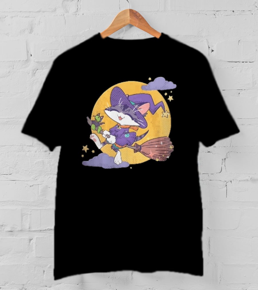 Halftone Cartoon Cat Witch Flying On Broomstick With Moon And Stars T-Shirt