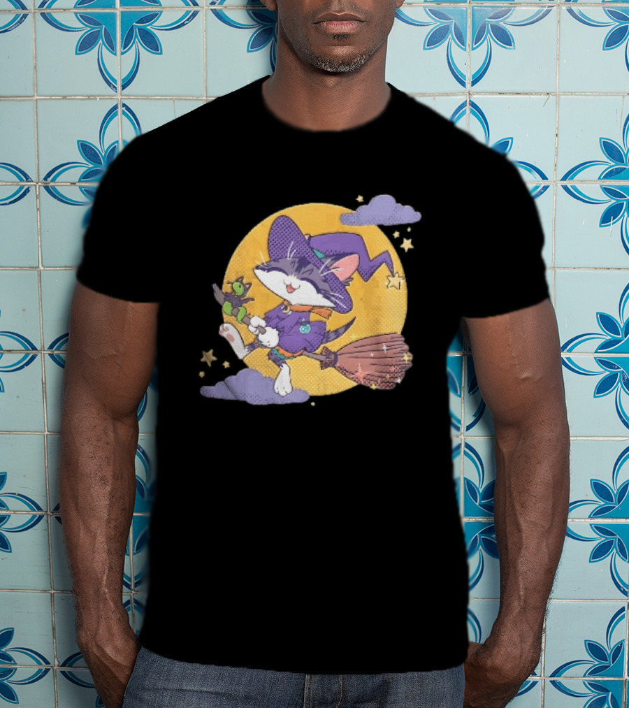 Halftone Cartoon Cat Witch Flying On Broomstick With Moon And Stars T-Shirt