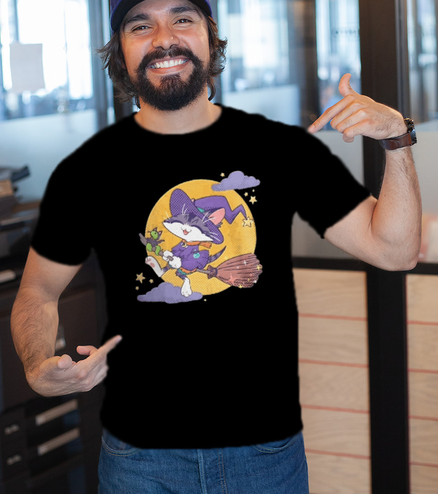 Halftone Cartoon Cat Witch Flying On Broomstick With Moon And Stars T-Shirt