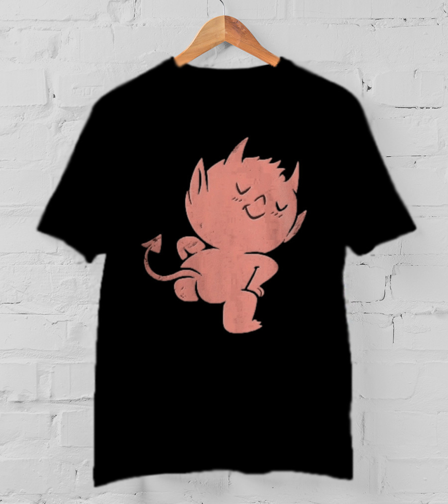 Mischievous Little Red Devil Cartoon Mooning With Distressed Texture T-Shirt