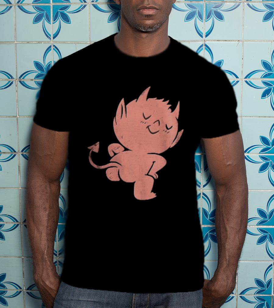 Mischievous Little Red Devil Cartoon Mooning With Distressed Texture T-Shirt
