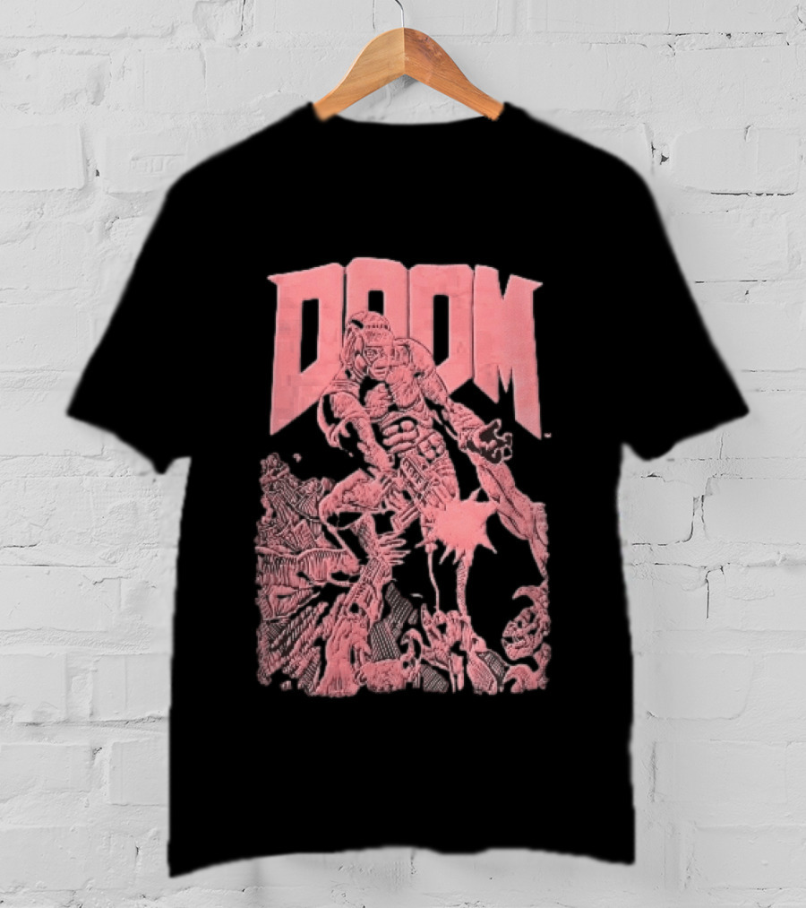 Doom Space Marine Battling Hell Demons Pink Sketch T-Shirt