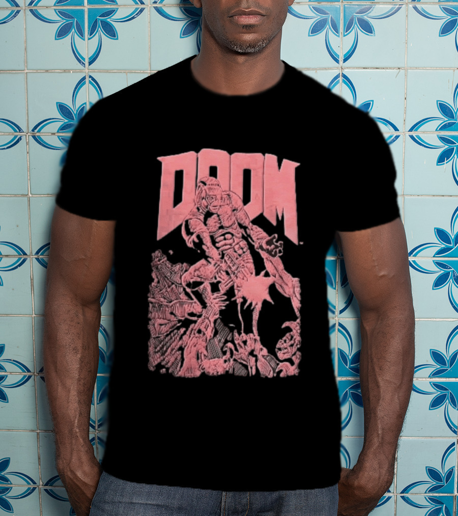 Doom Space Marine Battling Hell Demons Pink Sketch T-Shirt