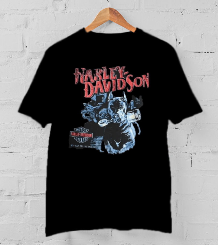 Harley Davidson My Way Or The Highway Dog Holding Piston Cycles T-Shirt