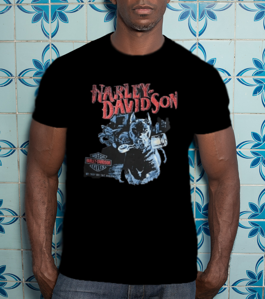 Harley Davidson My Way Or The Highway Dog Holding Piston Cycles T-Shirt