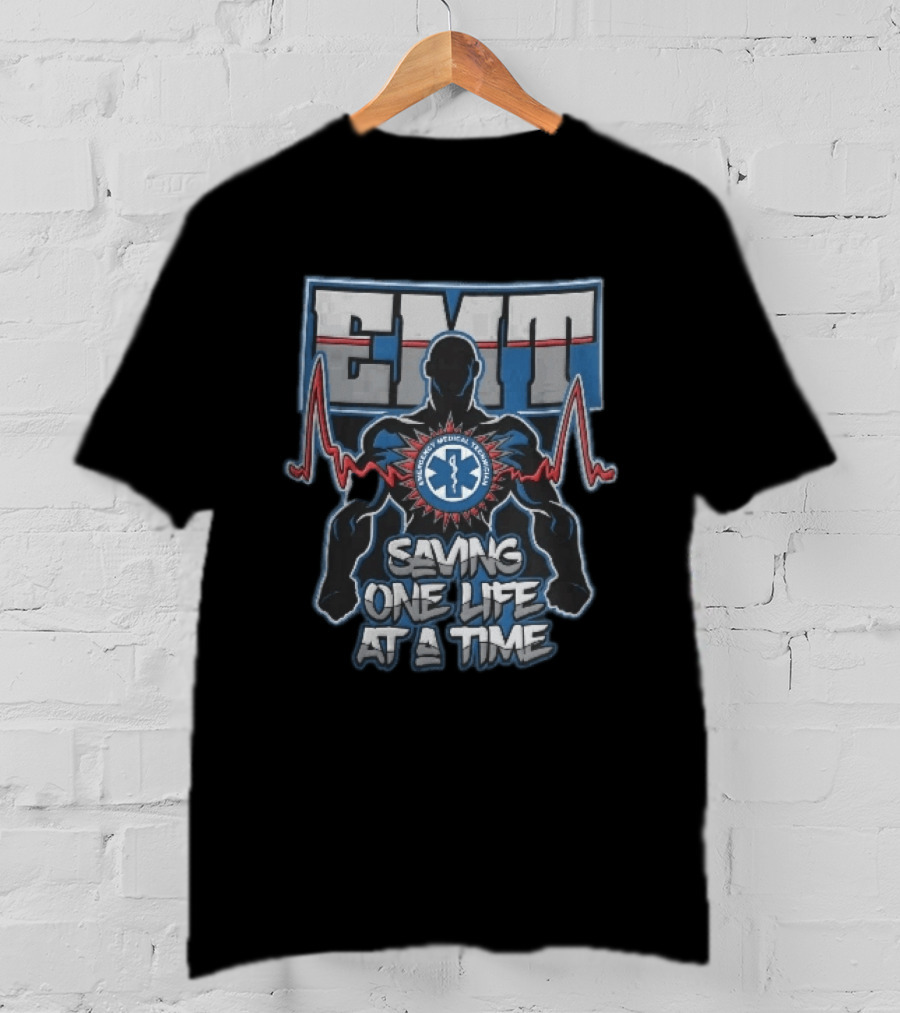 EMT Emergency Medical Technician Saving One Life At A Time With Muscular Silhouette And EKG Pulse T-Shirt