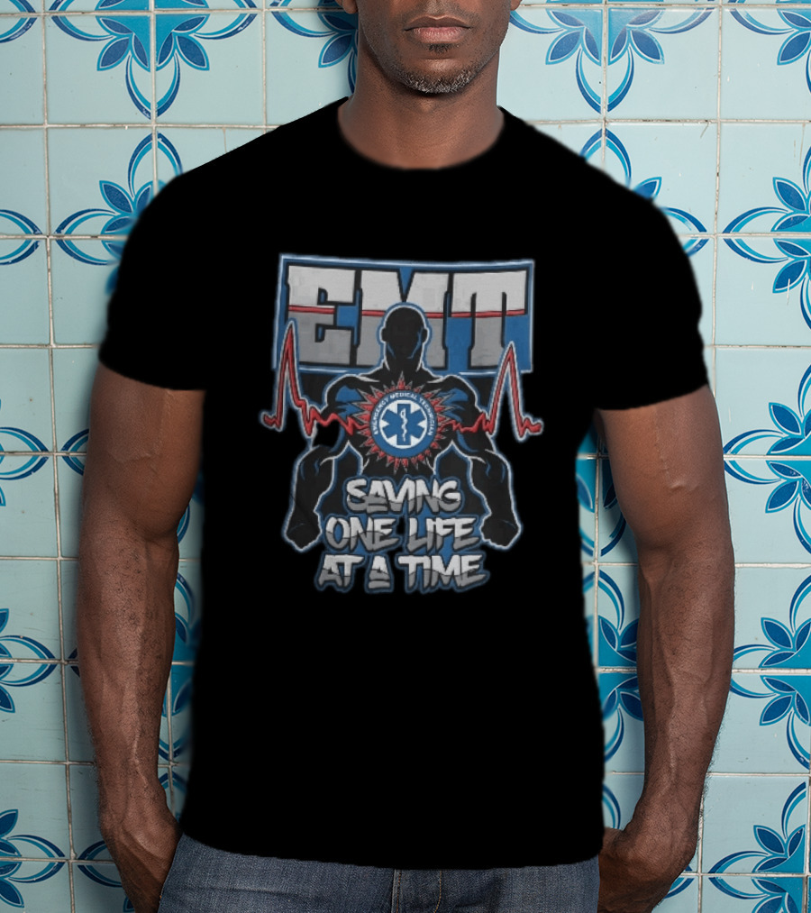 EMT Emergency Medical Technician Saving One Life At A Time With Muscular Silhouette And EKG Pulse T-Shirt