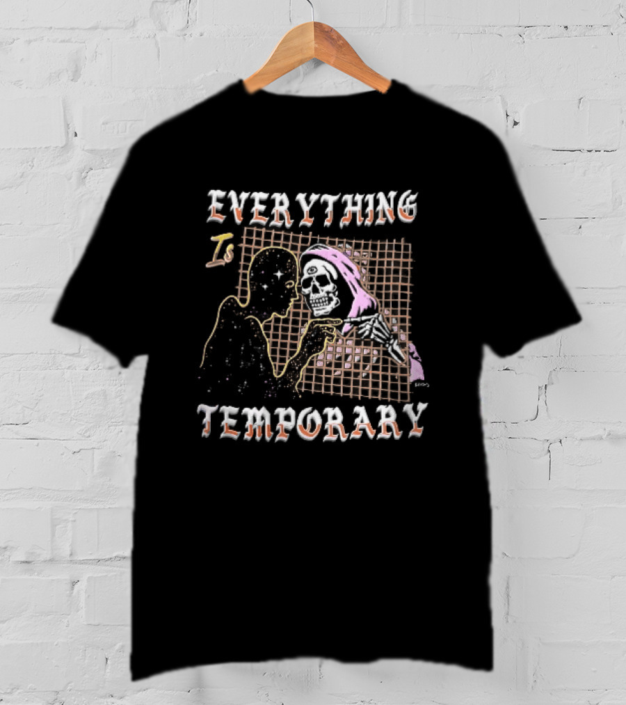 Everything Is Temporary Cosmic Skeleton Touching Fingers Grid T-Shirt