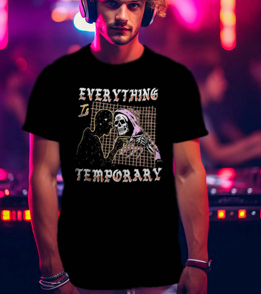 Everything Is Temporary Cosmic Skeleton Touching Fingers Grid T-Shirt