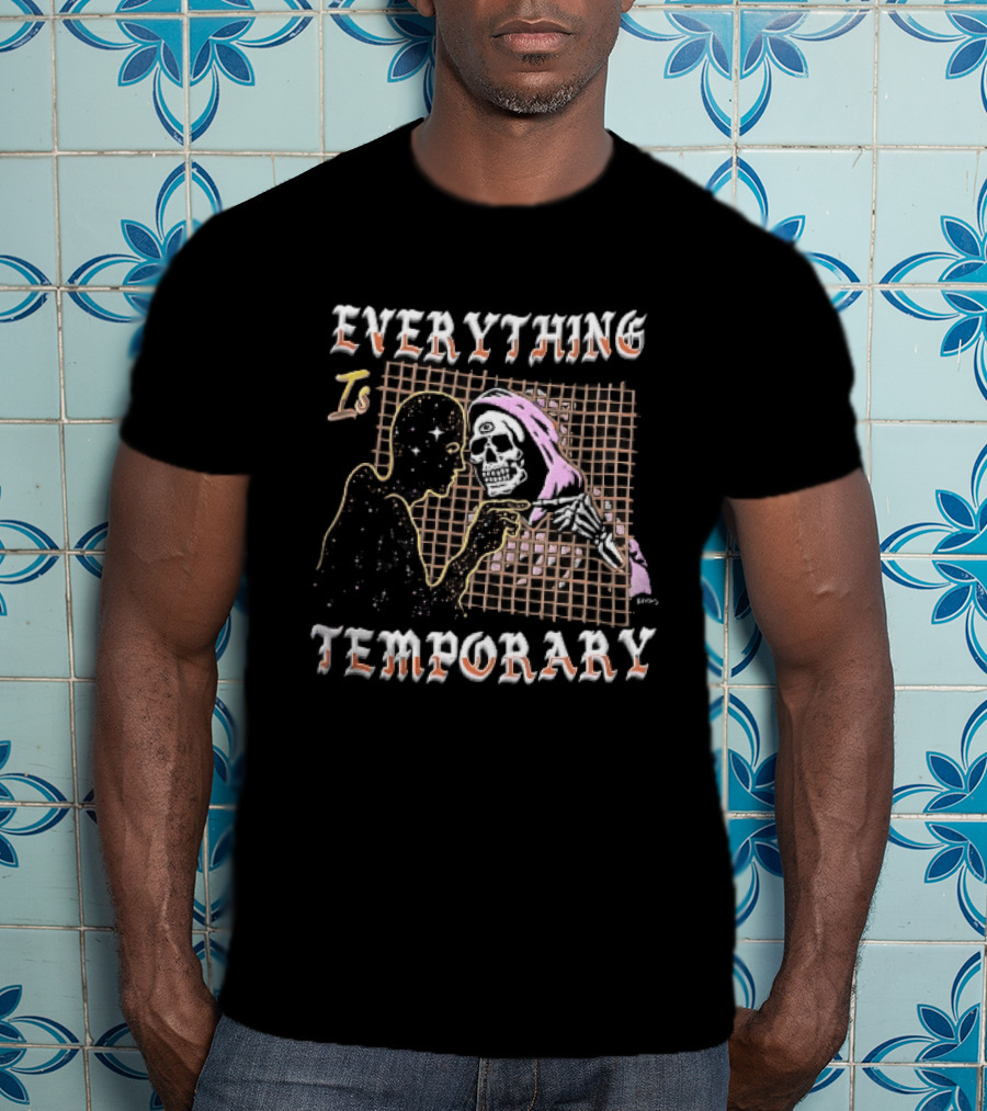 Everything Is Temporary Cosmic Skeleton Touching Fingers Grid T-Shirt