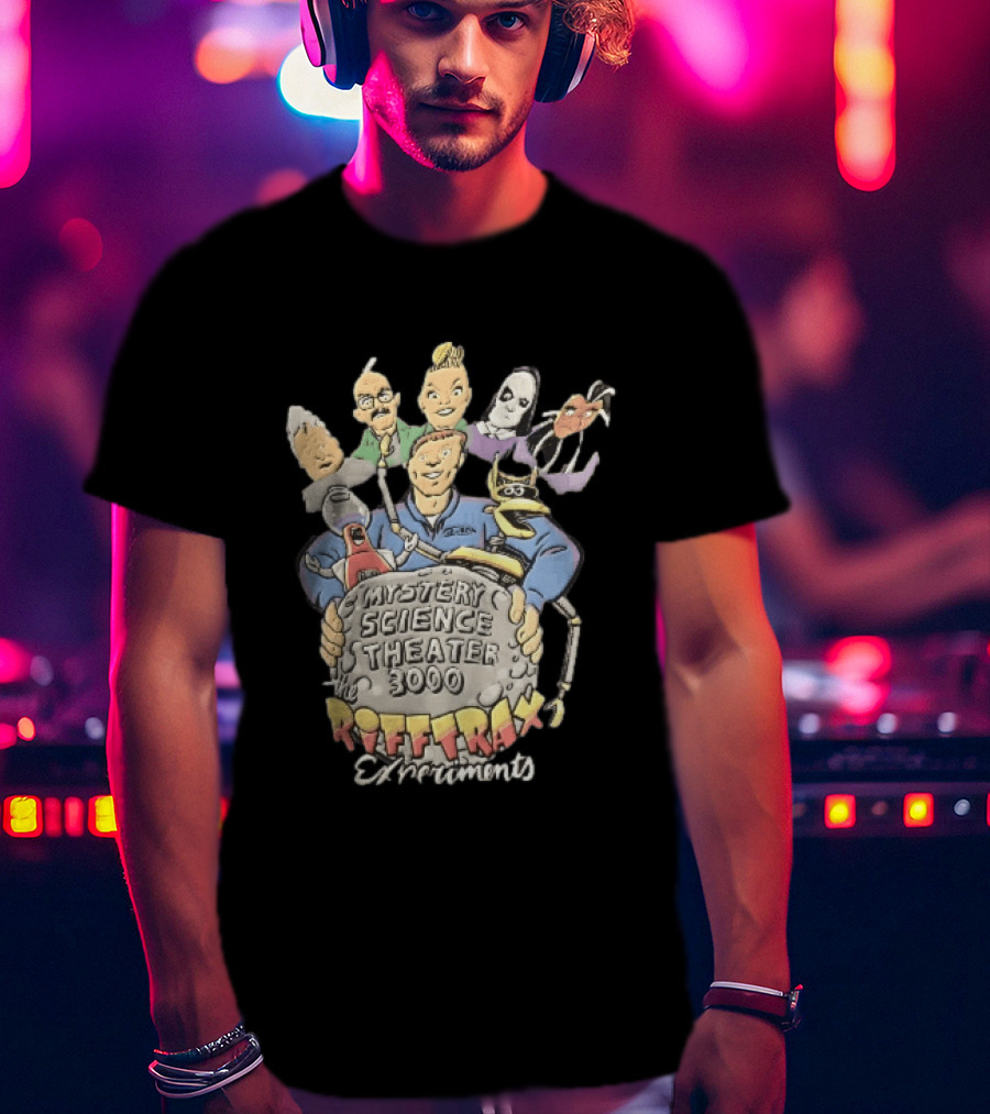 Mystery Science Theater 3000 Rifftrax Experiments Nelson Cartoon Caricature Host Robots Moon Rock T-Shirt