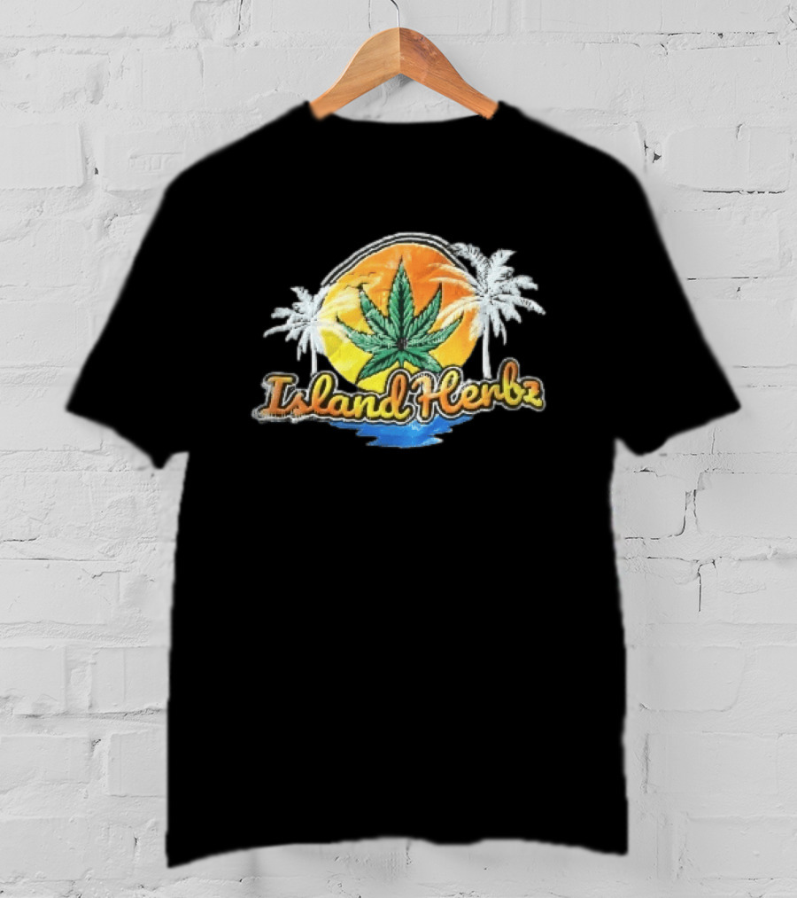 Island Herbz Cannabis Leaf Orange Sunset White Palm Trees T-Shirt