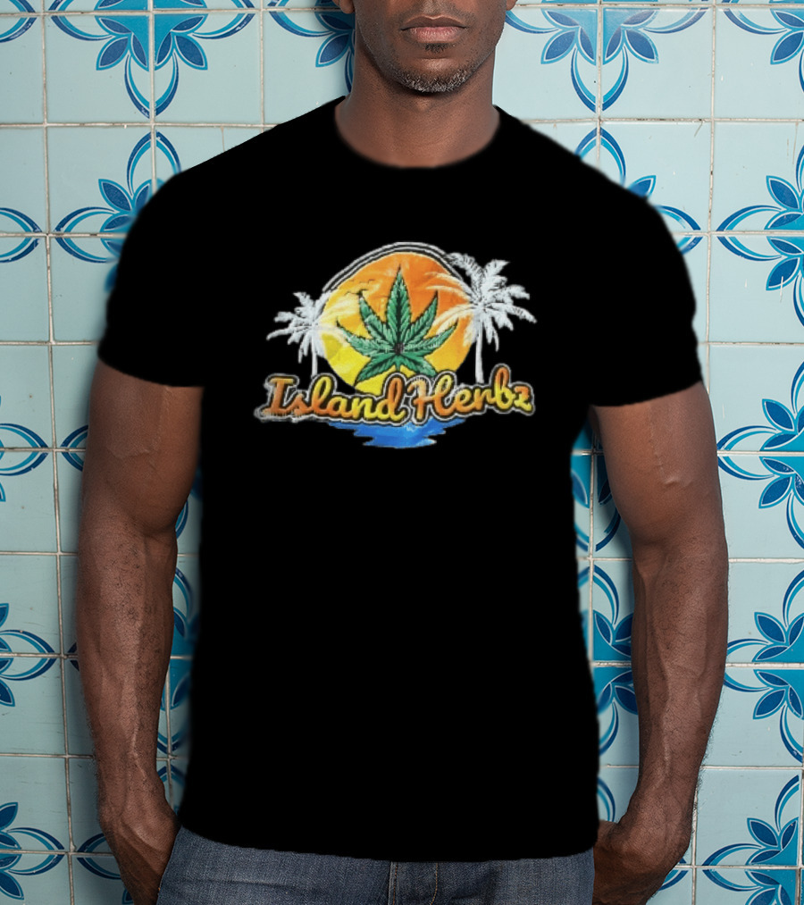 Island Herbz Cannabis Leaf Orange Sunset White Palm Trees T-Shirt