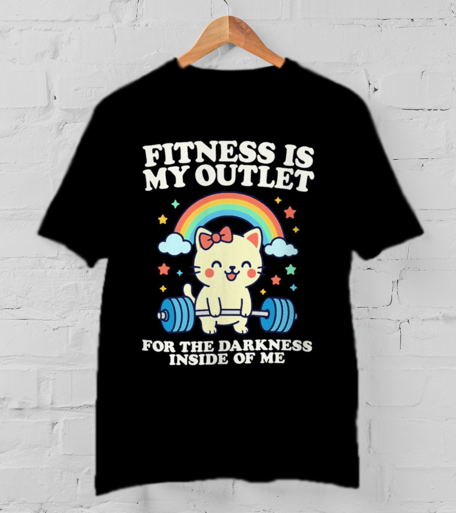 Fitness Is My Outlet For The Darkness Inside Of Me Cute Cat Weightlifting Rainbow T-Shirt