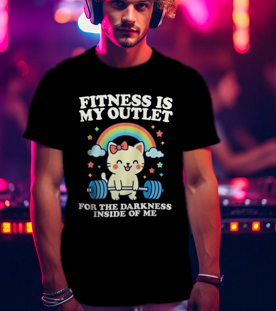 Fitness Is My Outlet For The Darkness Inside Of Me Cute Cat Weightlifting Rainbow T-Shirt
