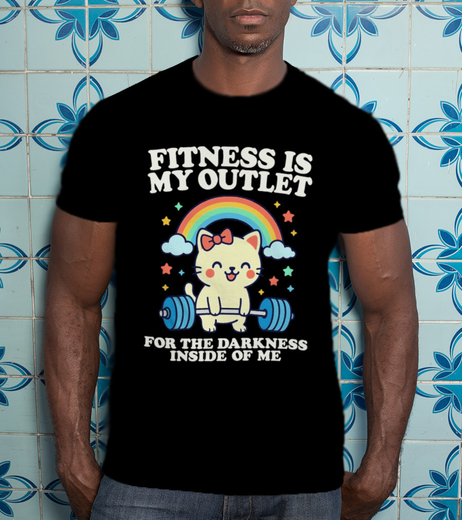 Fitness Is My Outlet For The Darkness Inside Of Me Cute Cat Weightlifting Rainbow T-Shirt