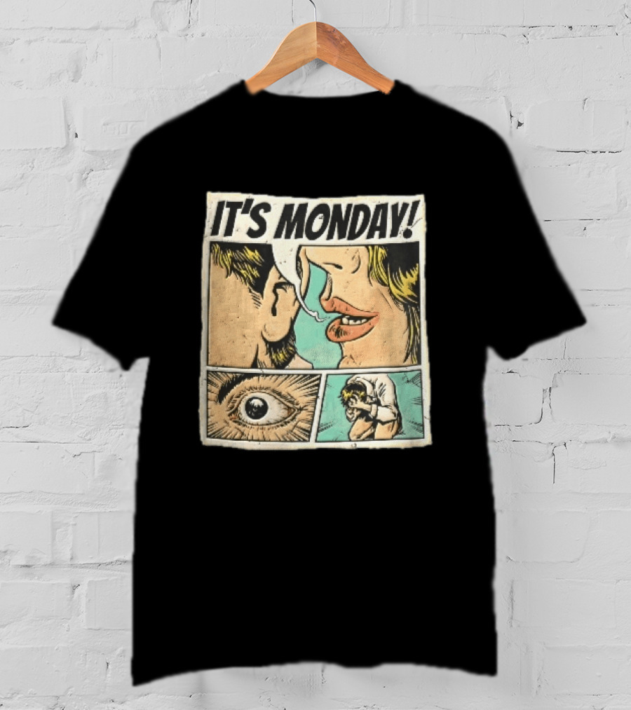 Its Monday Comic Strip Pop Art Woman Whispering Man Crying Vintage Halftone T-Shirt