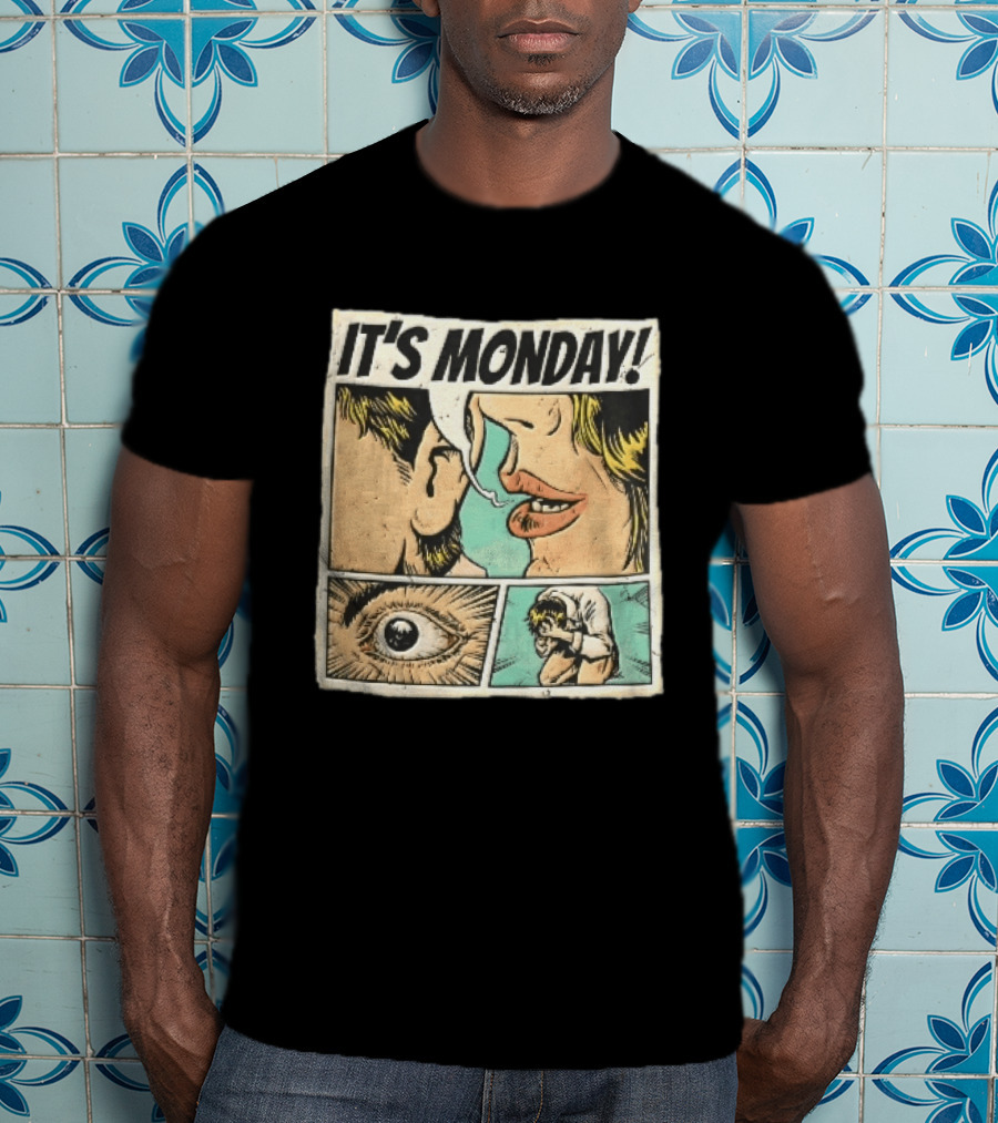 Its Monday Comic Strip Pop Art Woman Whispering Man Crying Vintage Halftone T-Shirt