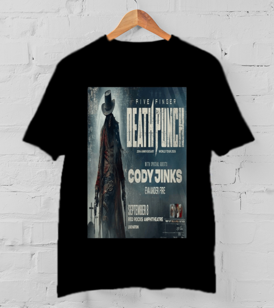 Five Finger Death Punch 20th Anniversary World Tour 2026 Red Rocks Amphitheatre September 8 Cody Jinks Eva Under Fire T-Shirt