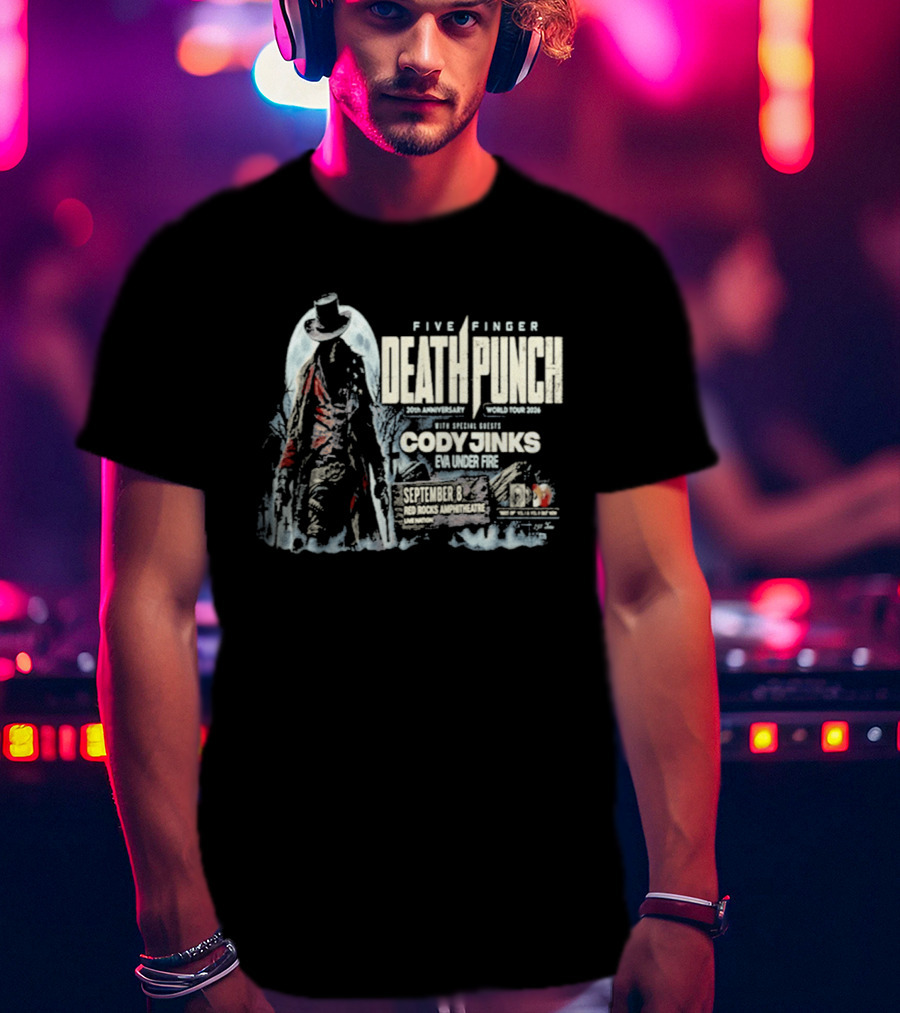 Five Finger Death Punch Red Rocks 20th Anniversary 2026 Cody Jinks Special Guest Denver CO T-Shirt
