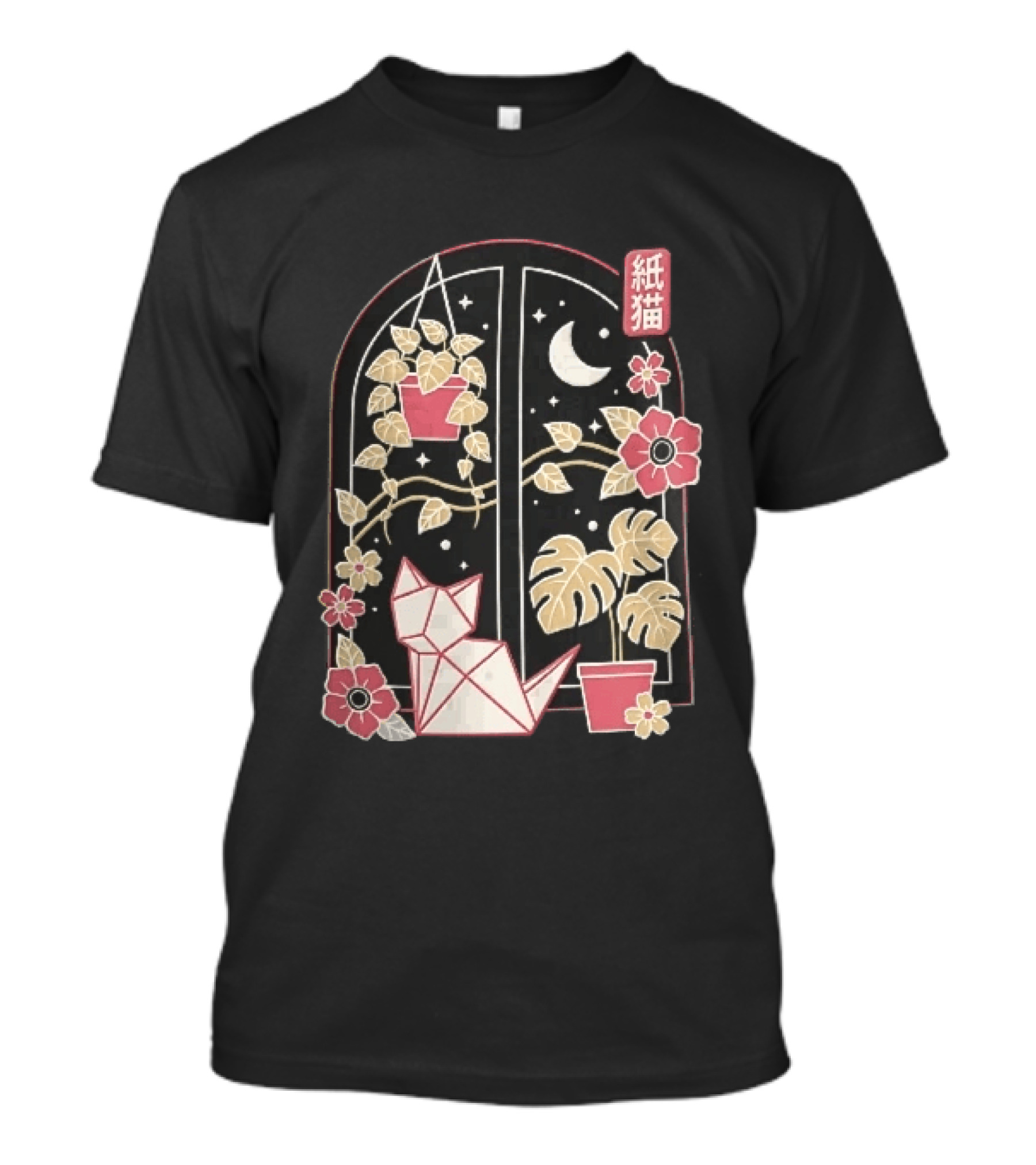 Kami Neko Origami Cat Crescent Moon Japanese Garden Scene T-Shirt