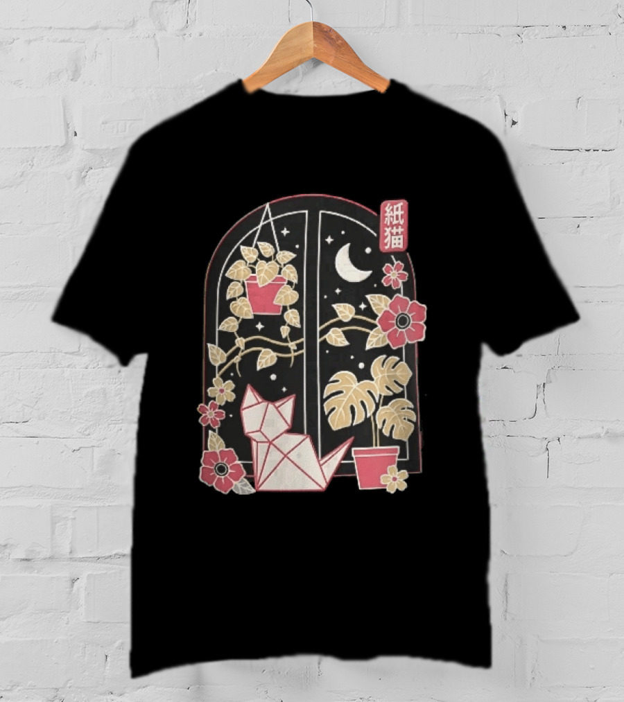 Kami Neko Origami Cat Crescent Moon Japanese Garden Scene T-Shirt