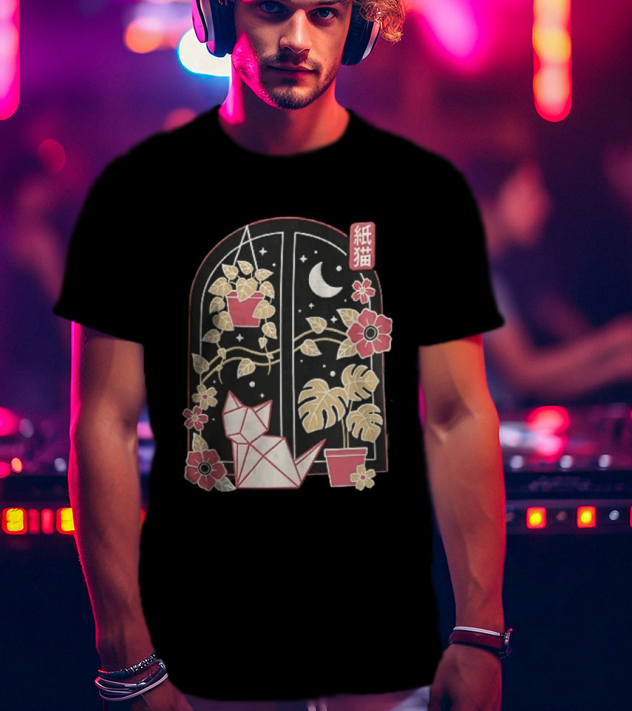 Kami Neko Origami Cat Crescent Moon Japanese Garden Scene T-Shirt