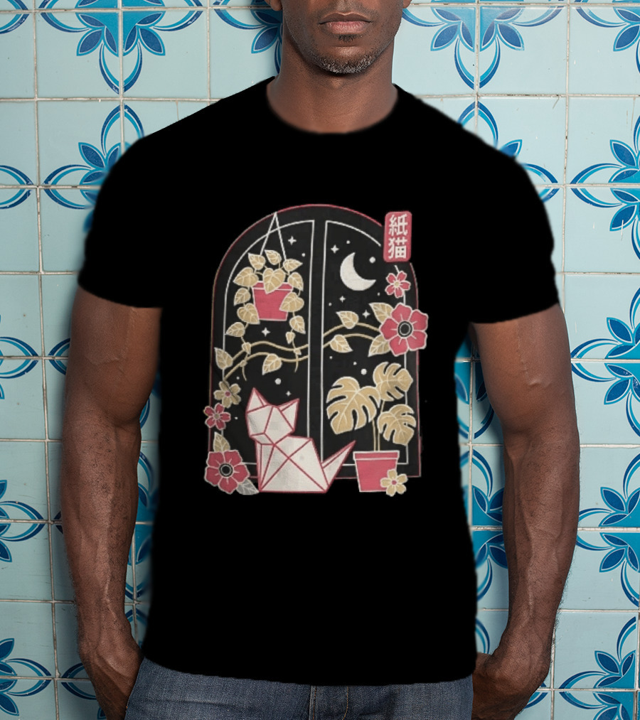 Kami Neko Origami Cat Crescent Moon Japanese Garden Scene T-Shirt