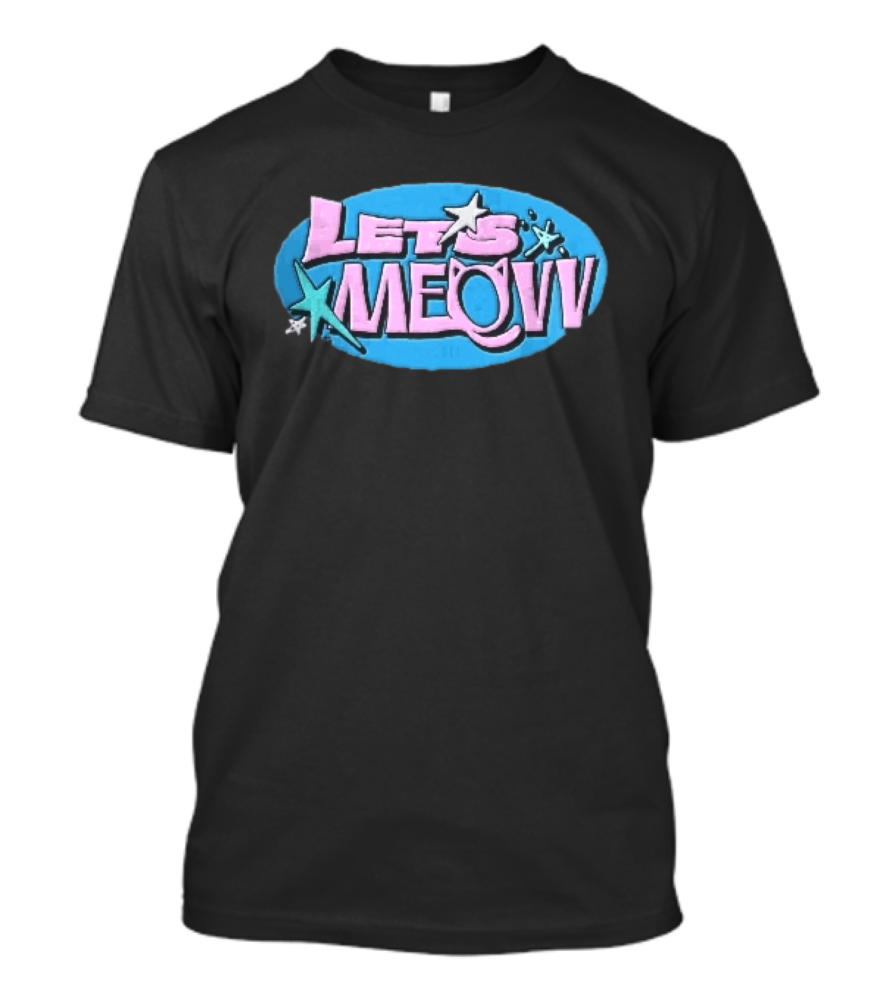 Lets Meovv Cat Ears Pink Distressed Glitter Stars Blue Oval T-Shirt