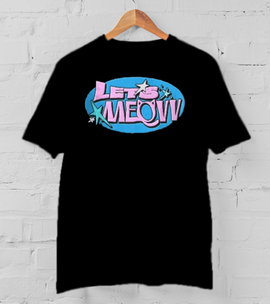 Lets Meovv Cat Ears Pink Distressed Glitter Stars Blue Oval T-Shirt