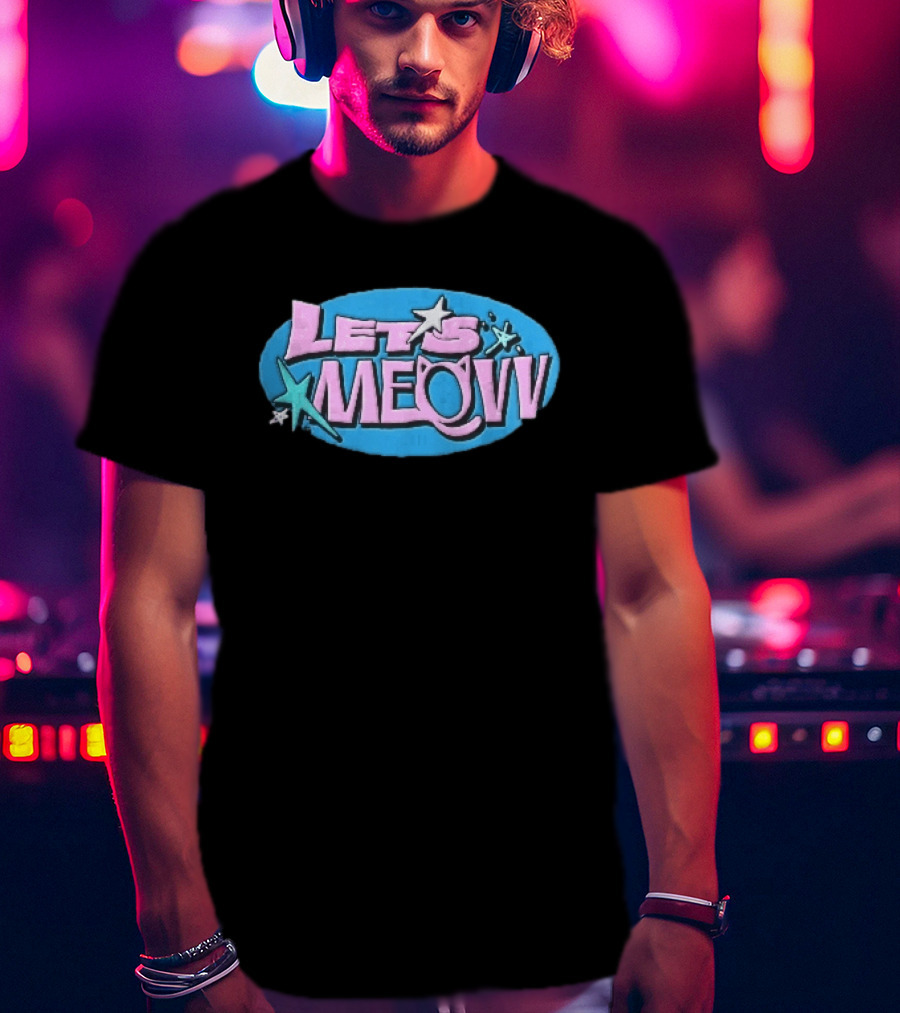 Lets Meovv Cat Ears Pink Distressed Glitter Stars Blue Oval T-Shirt