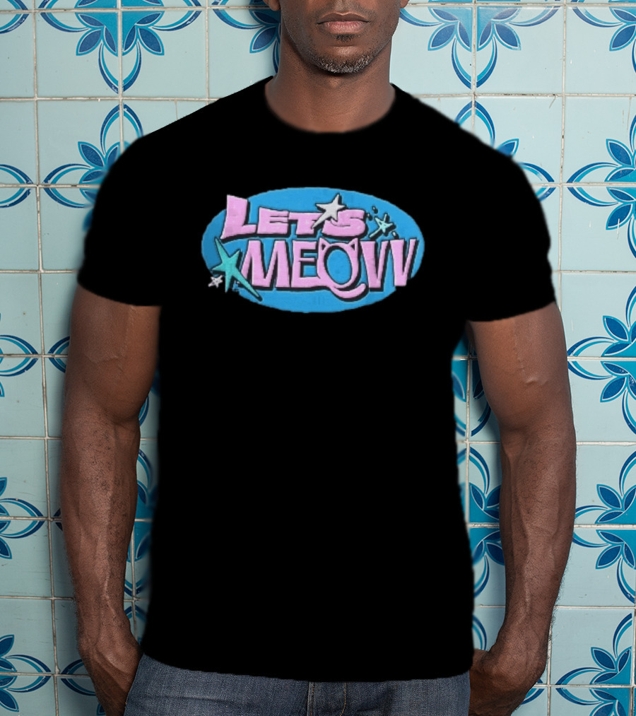 Lets Meovv Cat Ears Pink Distressed Glitter Stars Blue Oval T-Shirt
